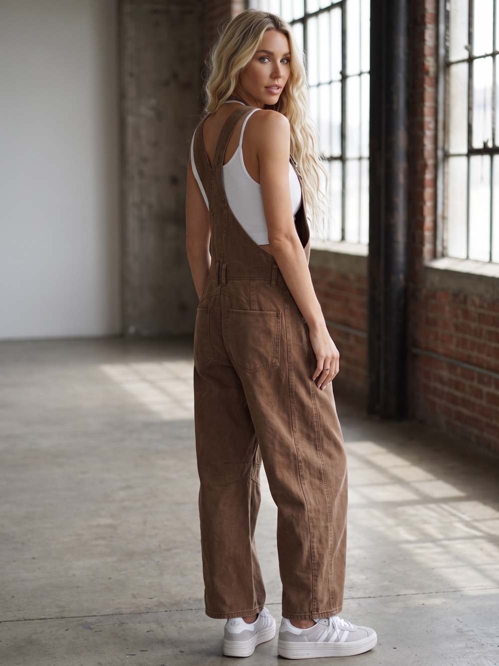 Washed Brown Eesome Barrel Horseshoe Jumpsuit Overalls - Picture 3 of 9